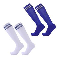 TSHAOUN 2 Paar Fußballsocken Kinder, Lange Fußballsocken Sportsocken Trainingssocken, Elastische Socken für Jungen und Mädchen von 5-12 Jahren für Fußballtraining, Sport, Laufen (White,Blue) von TSHAOUN