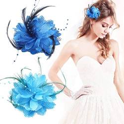 TSHAOUN 2 x Fascinatoren Feder-Blumen-Netz-Haarspangen, kobaltblau, Party-Kopfbedeckung für Mädchen und Frauen (blau) von TSHAOUN