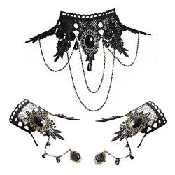 TSHAOUN 3 PCS steampunk necklace,gothic jewellery,Lace Necklace with Bracelet Set Lolita Retro Bracelet Wristband for Women,Punk Party Gothic Vintage Handmade,Halloween,Court Party (3 PCS) von TSHAOUN