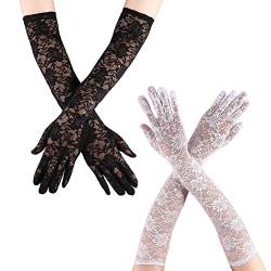 TSHAOUN Lange Spitzenhandschuhe, florale Spitzenhandschuhe, schwarz-weiße ellbogenlange Handschuhe, Kostüm der 1920er Jahre für Halloween-Party-Kostümzubehör-Abendparty. (Schwarz Weiss) von TSHAOUN