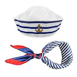 TSHAOUN Sailor Hat Schal Set für Männer und Frauen,Blau Weiß Gestreift Seemannsmütze Und Roter Blauer Schals für Mottoparty Cosplay VerkleidungKarneval Foto Requisiten Accessoires (2 Stück) von TSHAOUN