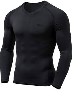TSLA Herren Taktische V-Ausschnitt, Langarm Kompressionsshirts, Cool-Dry, athletisches Workout-Shirt, auch geeignet als aktive Base-Layer, Muv01 1pack - Black, XL von TSLA