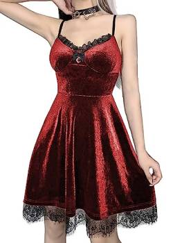 Damen Sommer Gothic Spitzenkleid Mond Rückenfreies Kleid Grunge Samt Vintage Kleid Punk Kleid, Lolita Kleid rot, Mittel von TSMNZMU