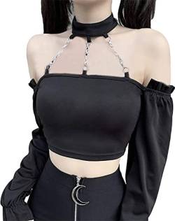 Dunkles Punk Crop Top mit Ketten Frauen Punk Off Schulter Hollow Out Solid Rückenfrei Tops - Schwarz - Klein von TSMNZMU