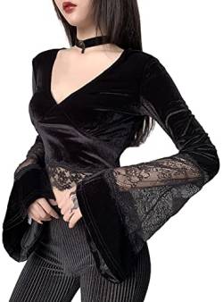Frauen Gothic Spitze Flare Ärmel Spleißen V-Ausschnitt Velet Tops aushöhlen schwarzes T-Shirt, Crop Tops, XX-Large von TSMNZMU