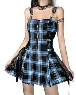 Hohe Taille Sexy Sommer Rückenfreies Minikleid Plaid Mall Goth Grunge Punk Schwarz Emo Sexy Party Reißverschluss Kleid, Blaues kariertes Kleid, 3X-Groß von TSMNZMU