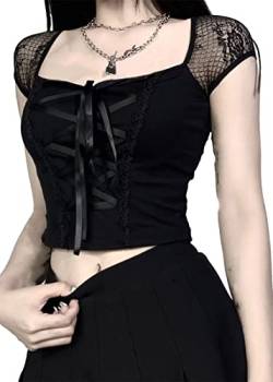 Schwarz Gothic Sommer Cropped T-Shirts Mode Kurzarm Neckholder T Shirts für Mädchen Frauen, 1-goth Yk2 Ästhetik, X-Klein von TSMNZMU