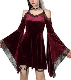 Sommer Spitze Mini Ärmellos Kleid Spitze Draped Bodycon Gothic Kleid Gothic Vintage Goth Kleider, Flare Sleeve Rot, Groß von TSMNZMU