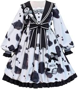 TSUSF Kuh Print Langarm Lolita Kleid Sailor Kragen Kleid Kostüm Cosplay Frauen Prinzessin Geschenk (Color : Black, Size : L) von TSUSF