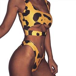 TSWRK Damen Bikini Sets Leopardenprint: Leopard Swimsuits Hohe Taille Bikinislip Push up Gepolstert Bustier G-String von TSWRK