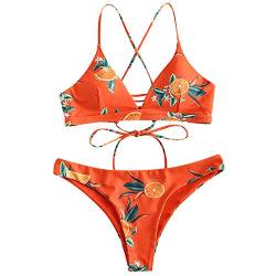 TSWRK Damen Crossover Bikini Set Split Zweiteilige Strandkleidung Bandeau Zitrone Druck Strandmode von TSWRK