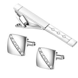 TSWRK Herren Krawattenklammern Manschettenknöpfe Set: Kupfer Krawattenclip Cufflinks mit Strass Silber Elegantes Accessoire für das perfekte Outfit von TSWRK
