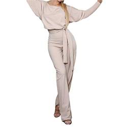 TSWRK Jumpsuit Damen Elegant Playsuit Langarm Overall Rundhals Lang Romper mit Gürtel von TSWRK