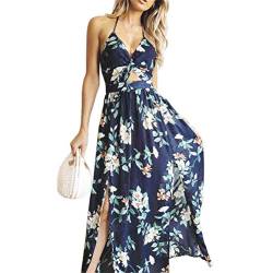 TSWRK Sommerkleid Damen Blumen Maxikleid Strandkleid V-Ausschnitt Rückenfrei Abendkleid Ärmellos Cocktail Kleider, blau , S von TSWRK