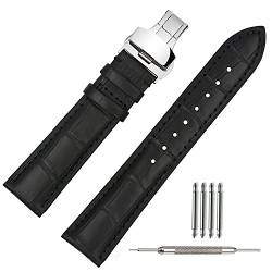 TStrap Uhrenarmband 19mm Leder - Armband Schwarz Herren - Lederarmband Uhrenband mit Edelstahl Faltschließe Faltschliesse - 18mm 20mm 21mm 22mm von TStrap