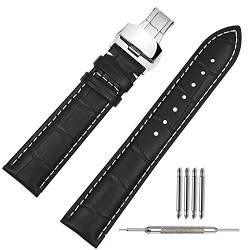 TStrap Uhrenarmband 21mm Leder - Armband Schwarz Herren - Lederarmband Uhrenband mit Edelstahl Faltschließe Faltschliesse - 18mm 19mm 21mm 22mm von TStrap