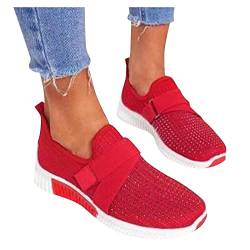 Damen Sportschuhe mit Strass und Klettverschluss Atmungsaktiv Sneaker Running Casual Outdoor Indoor Shoes Slippers Halbschuhe Schuhe Freizeitschuhe Women Laufschuhe Straßenlaufschuhe (Rot, 37) von TT-