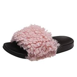 Hausschuhe Damen Schlappen mit Kunstfell Fell Pelz Sandalen Pantoffel-Flipflops Pantoletten Sommer Flaumiger Slipper Hausschuhe PVC rutschfeste Pantoffeln Outdoor/Indoor (Rosa, 37) von TT-