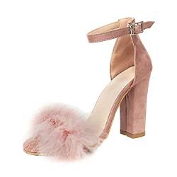 TT- Damen High Heels Party Pumps mit Plüsch Schuhe Hausschuhe Abendschuh mit offener Zehenpartie Sandaletten Stiletto Absatz, mit Knöchelriemen Blockabsatz, hoher Absatz, für Partys (Pink, 39) von TT-