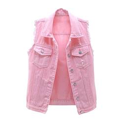 TT- Jeansweste Damen ärmellos Große Größen , Vintage Jeansjacke Damen Sweatjacke Oversized Übergangsjacke Jeans Denim Jacket Frauen Destroyed Cut Out Look Weste Button Brusttasche (Rosa, XXXL) von TT-