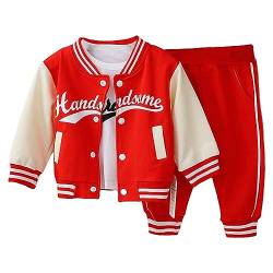 TTAO 3 Pcs Baby Jungen Mädchen Kleidung Baseball-Jacke Sweatshirt + Hose Dreiteiler Set Neugeborene Outfit Set für Kleinkinder Herbst Winter Rot 68-80 von TTAO