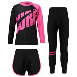 TTAO 3 Stück Mädchen Kinder Badeanzug Islamische Schwimmanzug Bunten Druck Bademode Burkini Shirt + Hosen mit Rock+Kappe Gr.104-152 Rosa 128-140 von TTAO