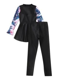 TTAO 3 Stück Mädchen Kinder Badeanzug Islamische Schwimmanzug Bunten Druck Bademode Burkini Shirt + Hosen mit Rock+Kappe Gr.104-152 Schwarz C 158-164 von TTAO