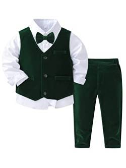 TTAO Baby Jungen Anzug Set Samt Bekleidung Hemd mit Fliege +Weste+ Hosen Anzug Gentleman Outfit Grün 80-86 von TTAO