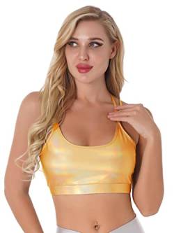 TTAO Damen Glänzend BH Strappy Bra Sport Unterwäsche Bikinioberteil in Lederoptik Sommer Crop Top Kurz Bauchfrei Weste Gogo Clubwear Gold L von TTAO