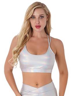 TTAO Damen Glänzend BH Strappy Bra Sport Unterwäsche Bikinioberteil in Lederoptik Sommer Crop Top Kurz Bauchfrei Weste Gogo Clubwear Silber S von TTAO