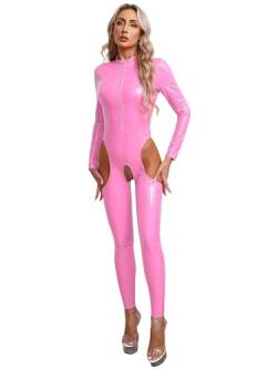 TTAO Damen Glänzend Catsuit Ouvert Pants Lack Leder Ganzkörper Anzug Slim Fit Figurbetont Body Langarm Hosenanzug Clubwear Rosa I XL von TTAO