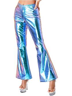 TTAO Damen Glänzende Metallic Schlaghose 70er Jahre Hohe Taille Ausgestellte Hosen Stretchy Bell Bottom Disco Wide Leg Pants Hosen Club Wear Blau L von TTAO