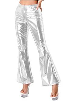 TTAO Damen Glänzende Metallic Schlaghose 70er Jahre Hohe Taille Ausgestellte Hosen Stretchy Bell Bottom Disco Wide Leg Pants Hosen Club Wear Silber L von TTAO