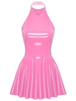 TTAO Damen Lederkleider Sexy Partykleid Brust Offen Minikleid Ärmellos Glanz Dessous Rave Gogo Sex Kleidung Rosa A S von TTAO