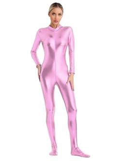 TTAO Damen Metallic Body Overall Langarm Bodysuit Lackleder Jumpsuit mit Reißverschluss Ganzkörperanzug Catsuit Sexy Dessous Gogo Outfits Clubwear Rosa B XL von TTAO