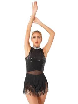 TTAO Damen Pailletten Tanz-Body Ballettbody Ärmellos Glitzer Gymnastikbody Ballett Trikot Leotard Latein Overalls Turnanzug Ballettanzug Schwarz A L von TTAO