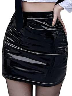 TTAO Damen Wetlook Rock Sexy Minirock aus Lack Leder Bodycon Slim Fit Sommer Röckchen Bleistift Etui Röcke Clubwear Schwarz K S von TTAO