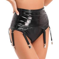 TTAO Damen Wetlook Strumpfgürtel Sexy String Strumpfhalter Strapsgürtel mit Metall Clips Stretch Strumpfband Lack Leder Dessous Gogo Outfit Clubwear Schwarz S von TTAO