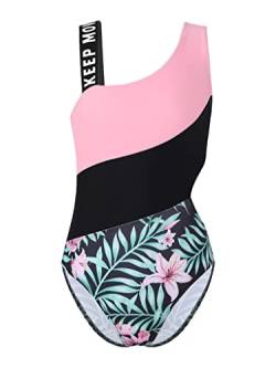 TTAO Einteiler Mädchen Badeanzug Bikini für Kinder Sommer Blumendruck Schwimmanzug Äremllos Bademode Swimwear Gr.98-164 Rosa Lilie 158-164 von TTAO