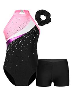 TTAO Gymnastikanzug Kinder Mädchen Ärmellos Turnanzug Trikotanzug Tanz Gymnastik Training Dancewear Gymnastikbody mit Haarband und Shorts A Schwarz&Pink 110-116 von TTAO