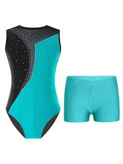 TTAO Gymnastikanzug Kinder Mädchen Ärmellos Turnanzug Trikotanzug Tanz Gymnastik Training Dancewear Gymnastikbody mit Haarband und Shorts Blau Grün C 158-164 von TTAO