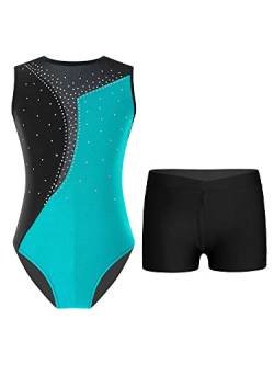 TTAO Gymnastikanzug Kinder Mädchen Ärmellos Turnanzug Trikotanzug Tanz Gymnastik Training Dancewear Gymnastikbody mit Haarband und Shorts Blau Grün & Schwarz C 110-116 von TTAO