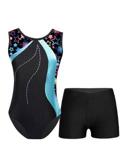 TTAO Gymnastikanzug Kinder Mädchen Ärmellos Turnanzug Trikotanzug Tanz Gymnastik Training Dancewear Gymnastikbody mit Haarband und Shorts Cyan E 110-116 von TTAO