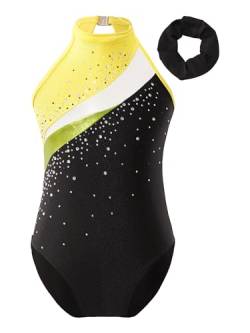 TTAO Gymnastikanzug Kinder Mädchen Ärmellos Turnanzug Trikotanzug Tanz Gymnastik Training Dancewear Gymnastikbody mit Haarband und Shorts Gelb A 146-152 von TTAO