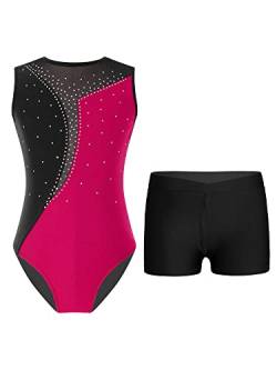 TTAO Gymnastikanzug Kinder Mädchen Ärmellos Turnanzug Trikotanzug Tanz Gymnastik Training Dancewear Gymnastikbody mit Haarband und Shorts Hot Pink & Schwarz C 110-116 von TTAO