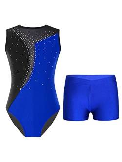 TTAO Gymnastikanzug Kinder Mädchen Ärmellos Turnanzug Trikotanzug Tanz Gymnastik Training Dancewear Gymnastikbody mit Haarband und Shorts Königsblau C 146-152 von TTAO