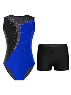 TTAO Gymnastikanzug Kinder Mädchen Ärmellos Turnanzug Trikotanzug Tanz Gymnastik Training Dancewear Gymnastikbody mit Haarband und Shorts Königsblau & Schwarz C 134-140 von TTAO