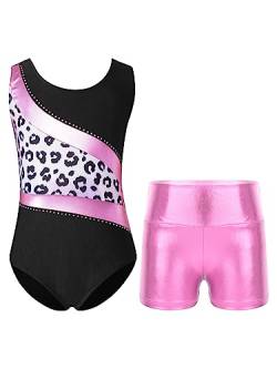 TTAO Gymnastikanzug Kinder Mädchen Ärmellos Turnanzug Trikotanzug Tanz Gymnastik Training Dancewear Gymnastikbody mit Haarband und Shorts Leopard H 122-128 von TTAO