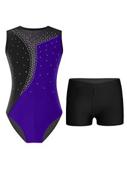 TTAO Gymnastikanzug Kinder Mädchen Ärmellos Turnanzug Trikotanzug Tanz Gymnastik Training Dancewear Gymnastikbody mit Haarband und Shorts Lila & Schwarz C 134-140 von TTAO