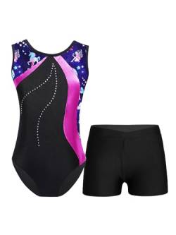 TTAO Gymnastikanzug Kinder Mädchen Ärmellos Turnanzug Trikotanzug Tanz Gymnastik Training Dancewear Gymnastikbody mit Haarband und Shorts Marineblau und Pink E 122-128 von TTAO